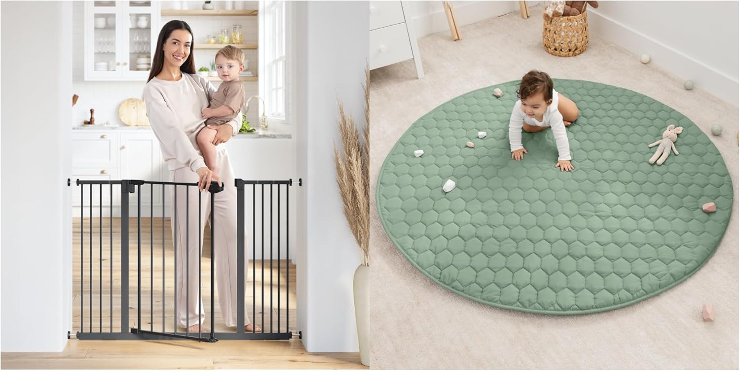 Baby Safety Gate and Round Kids Play Mat - Large Bundled by Comfy Cubs