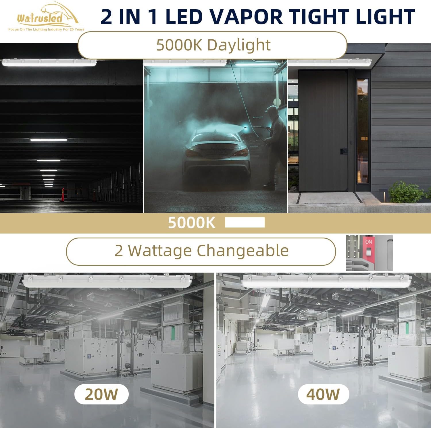 4FT Tri-Level Sensor LED Vapor Tight Light w/Remote, IP65 IK08 20W/40W 125LM/W LED Vapor Proof Fixture, 5000K 100-277V Dimmable 4 Foot Waterproof Outdoor Shop Light Fixture for Carport Garage, FCC