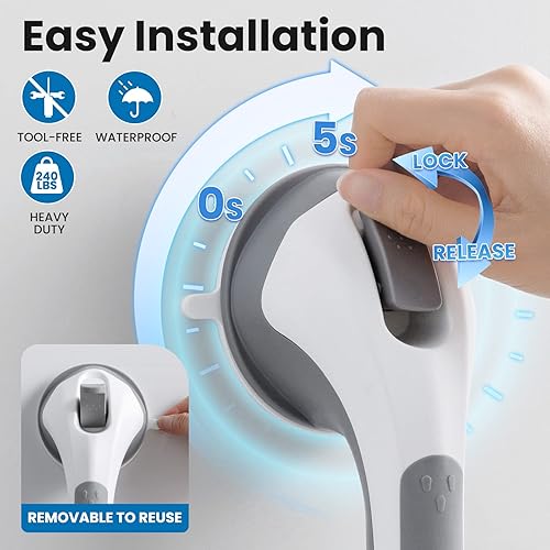 Miniatura 5 de LEVERLOC Barras de agarre para bañeras y duchas, mango de ducha de 17 pulgadas con fuertes ventosas, pasamanos de baño, agarre de seguridad para