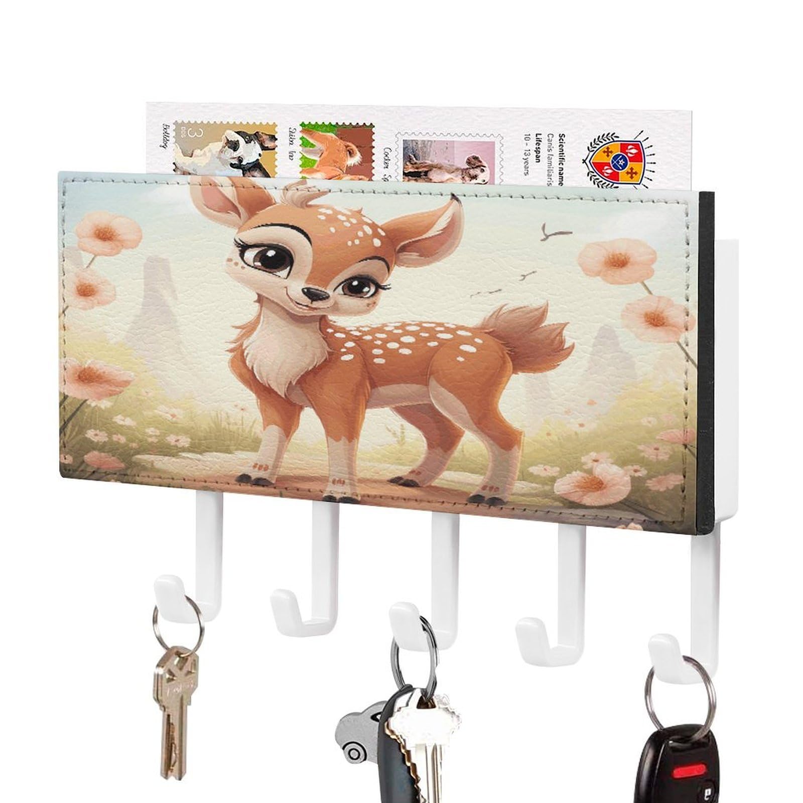 JTREHY Lovely Deer Key Holder Wall Mount Decorative Key and Mail Holder PU Leather Adhesive Key Organizer Hanging Key Hooks Wall Shelf with 5 Hooks for Entryway Hallway Office