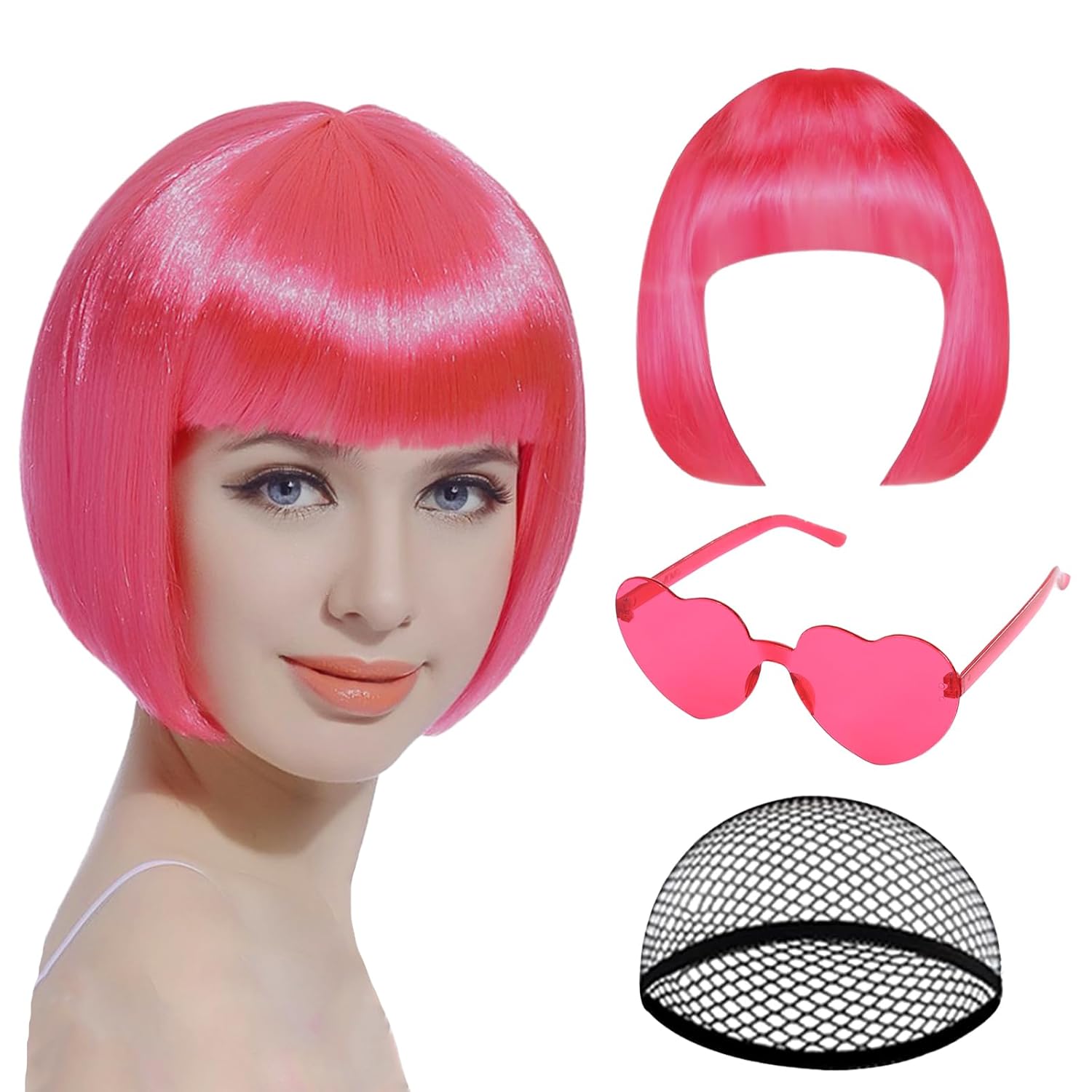 Pink Bob Wig, Hot Short Pink Wigs with Sunglasses and Hairnet, Women Wigs with Bangs for Bachelorette, Halloween and Cosplay Parties