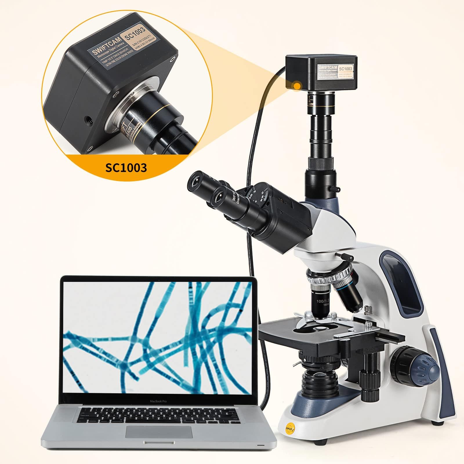Swiftcam - Cámara de 10 Megapíxeles para Microscopios, con Lente de Reducción, Kit de Calibración, Adaptadores de Eyetube y Cable USB 3.0, Compatible con Windows/Mac/Linux