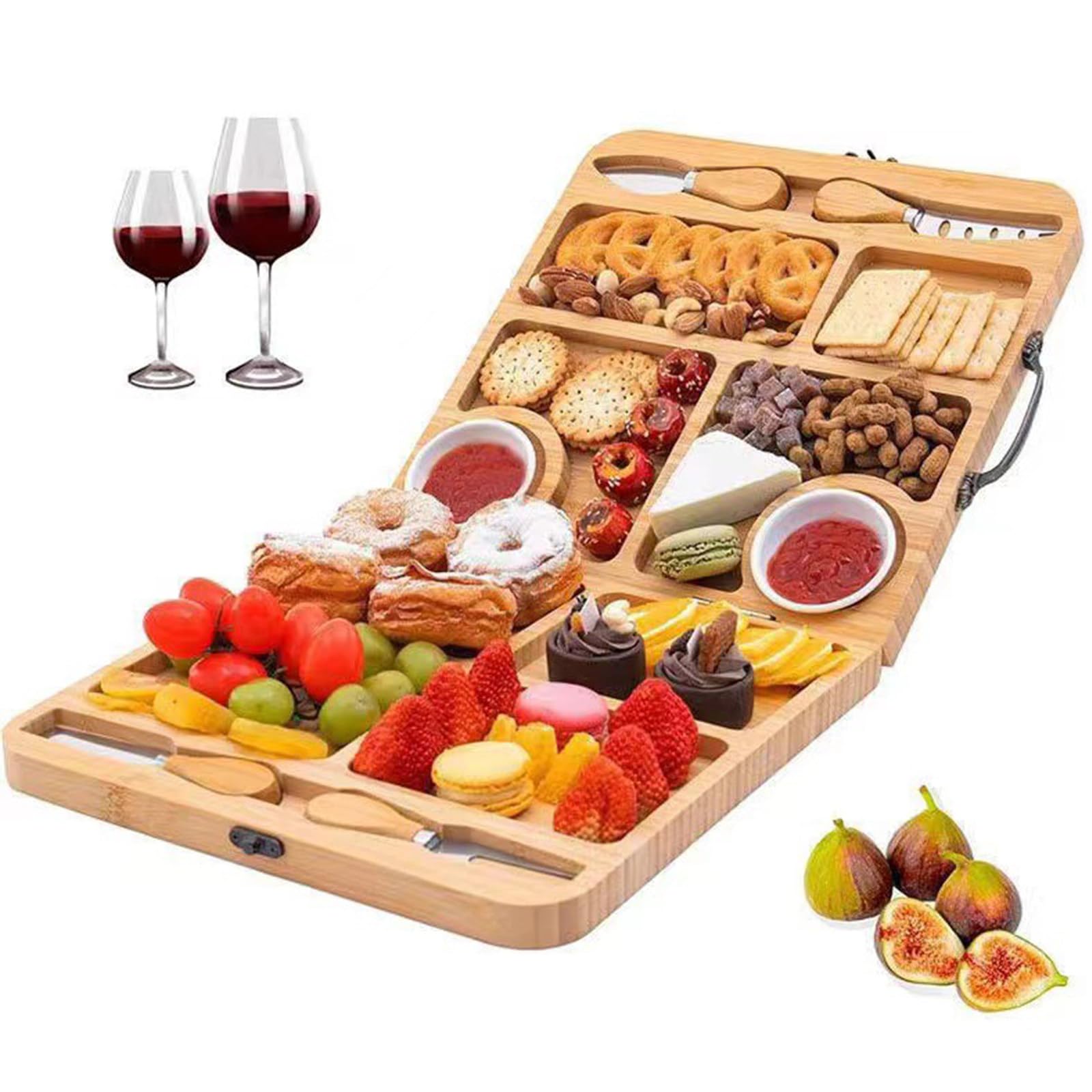 Plateau à Fromage Pliable en Bambou avec 4 Couteaux et 2 coupelles - Indispensable pour Une Nouvelle Maison - Plateau de Service Pliable pour Fromage