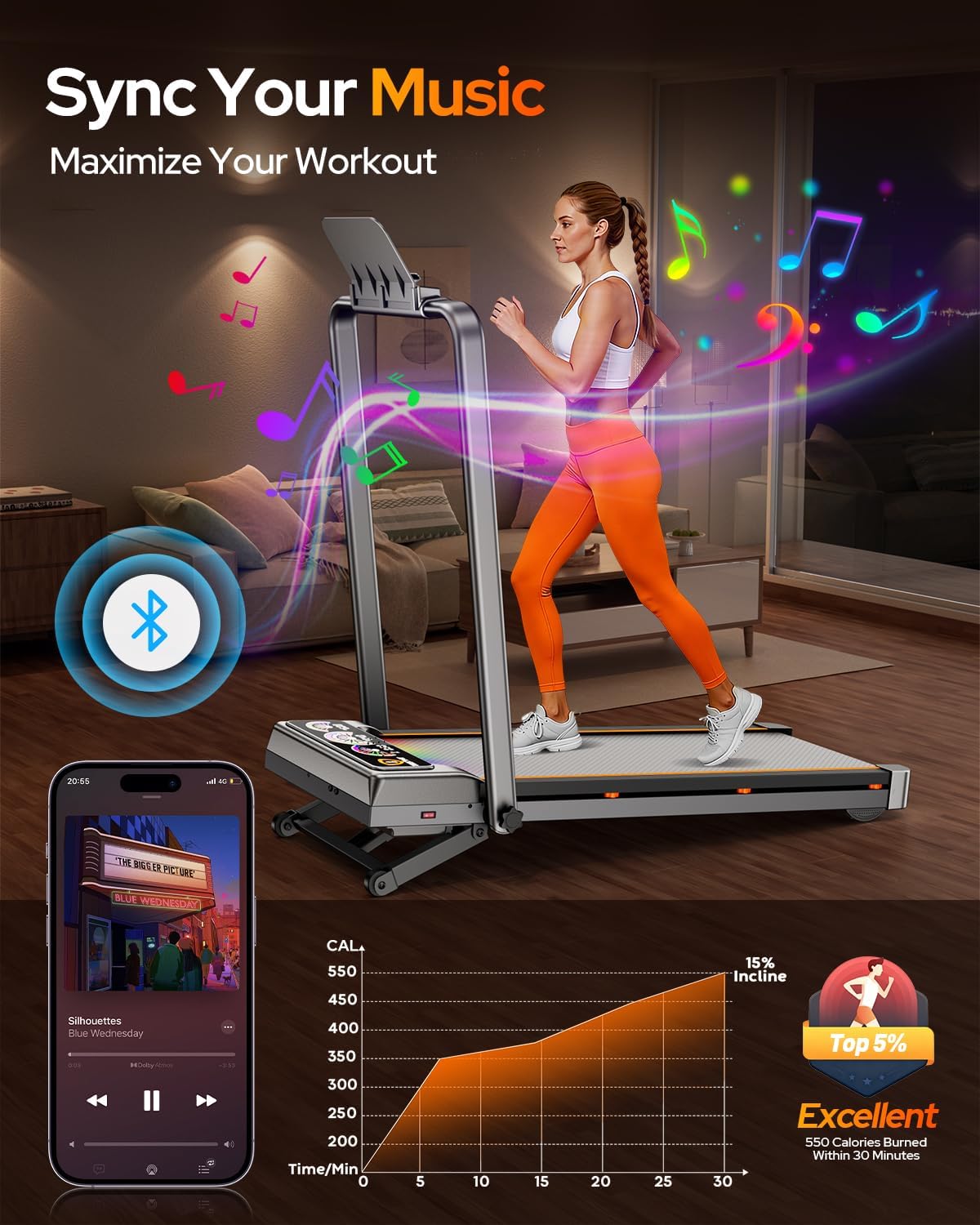 Walking Pad Treadmill with 15% 12-Level Auto Incline, 450 lbs Capacity RGB UI Screen, 3 in 1 Under Desk Treadmill, Bluetooth Speaker, 3.5HP Quiet Portable Treadmills for Home Hiking, APP & Remote