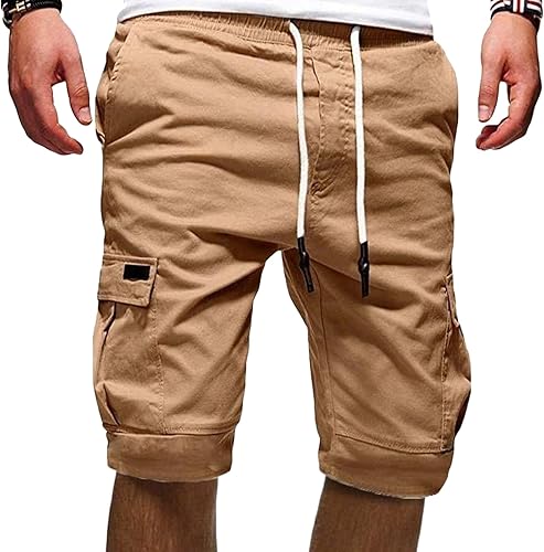 Miniatura 8 de Maiyifu-GJ Pantalones cortos casuales con cintura elástica para hombre, ajuste relajado, múltiples bolsillos, pantalones cortos cortos ligeros