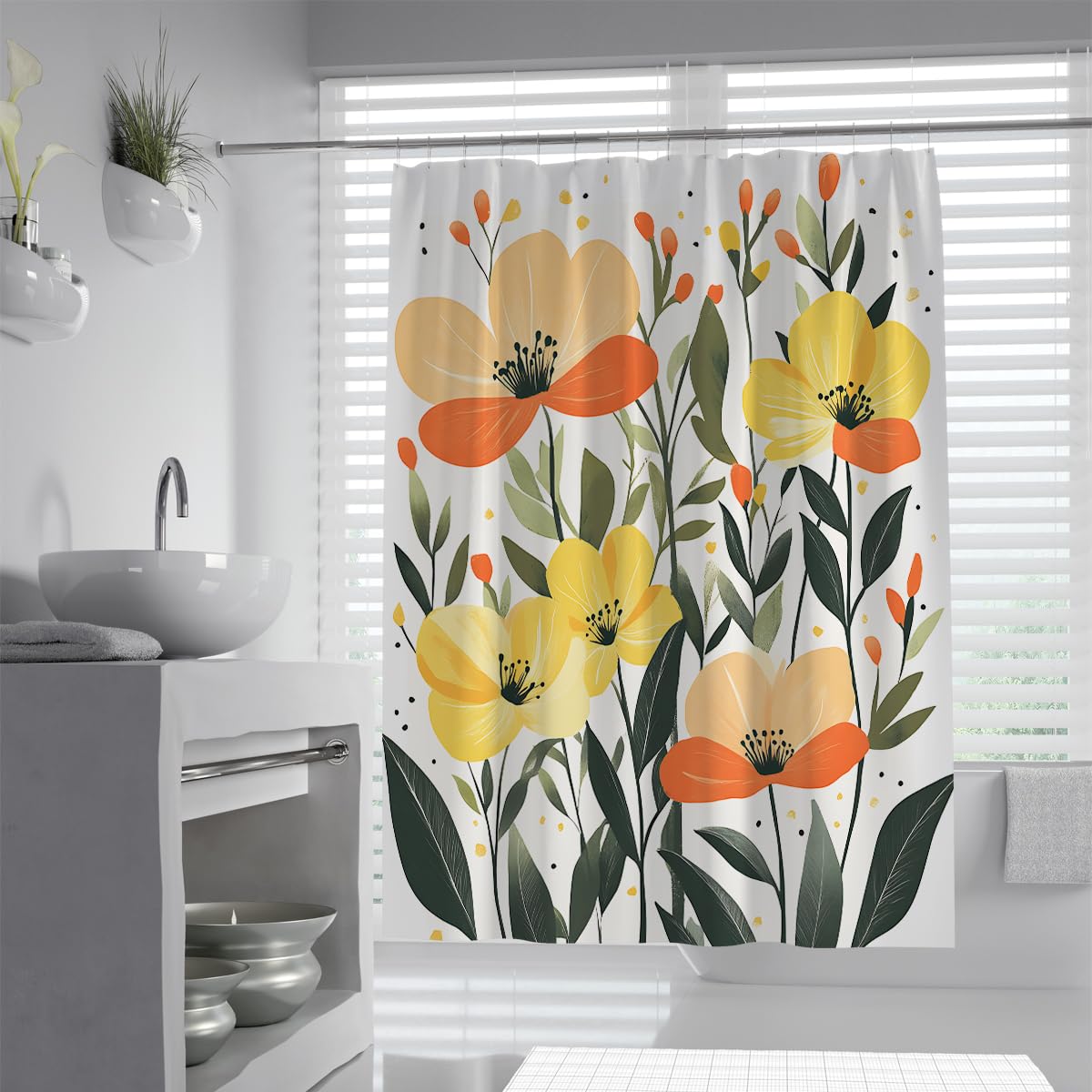 UIRINGART Yellow Orange Floral Shower Curtain W180xL200cm Modern Botanical Leaf Print Water Repellent Mildew Resistant Fast Drying Easy Care Bathroom Decor with Hooks