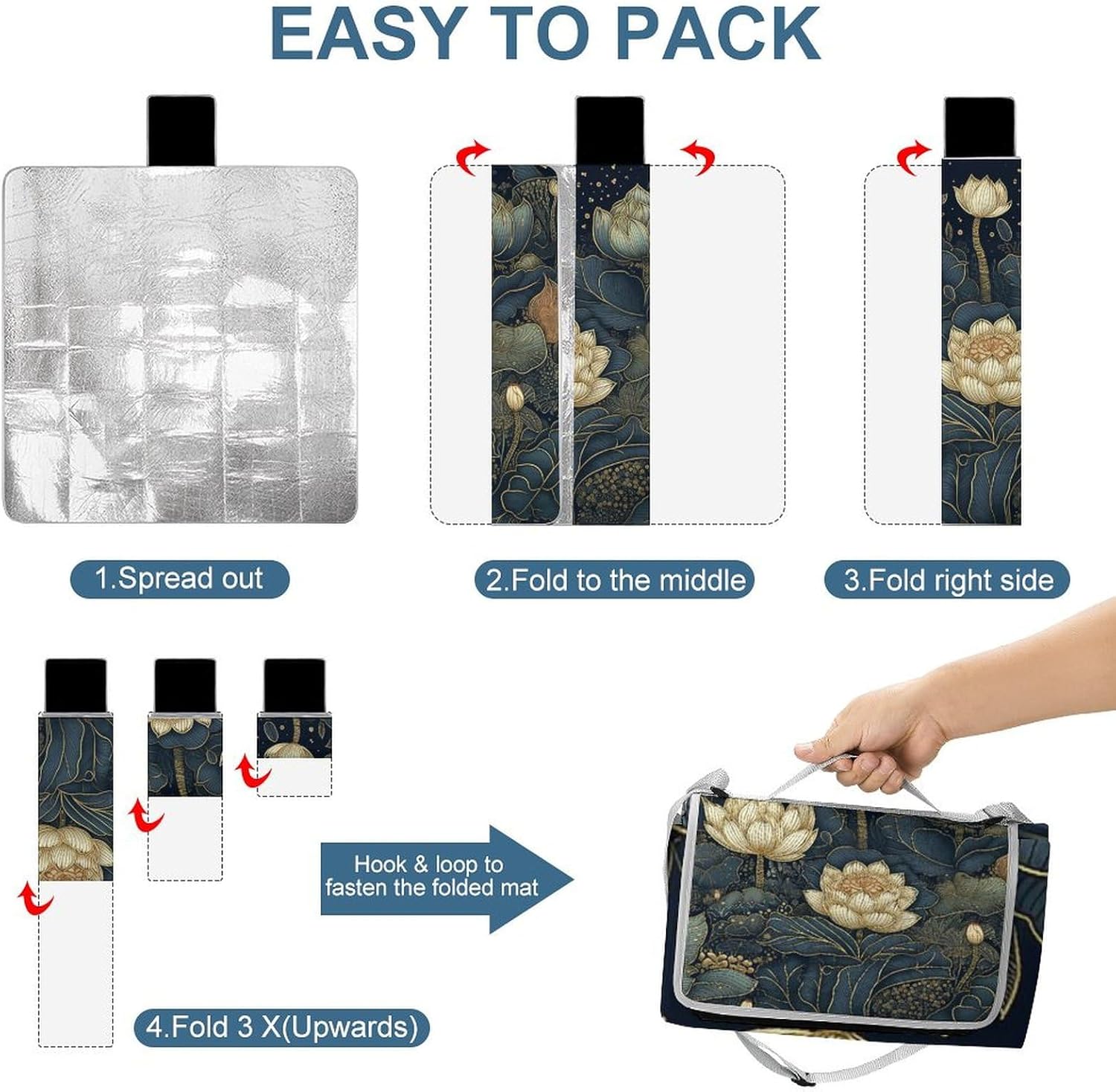 Outdoor Picnic Blanket Extra Large Beach Blanket Waterproof Picnic Mat Intricate Flowers Camping Blanket Portable with Carry Strap Park Blanket for Grass Camping Park