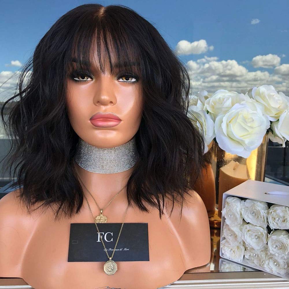 YIFOOPLI Women's Corn Hot Wig Brown Micro-roll Water Ripple Shoulder Air Bangs Wig Composite Hair Lace Wig Role-playing Wig (Color : Black)