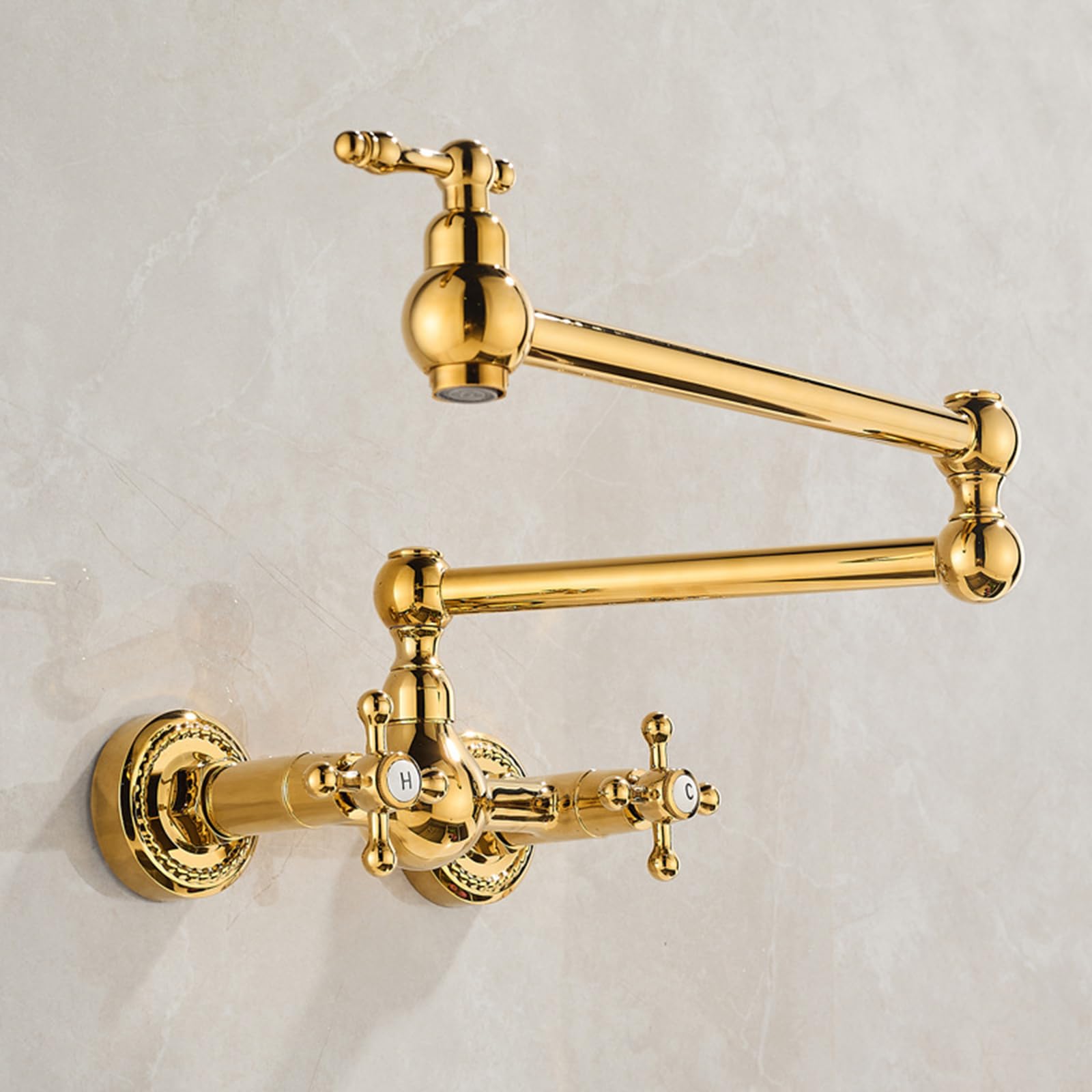 XJTNLB Küchenarmatur Wandmontage Wasserhahn Küche Wandmontage Faltbar Zweigriffmischer Küche Wandarmatur Retro Gold