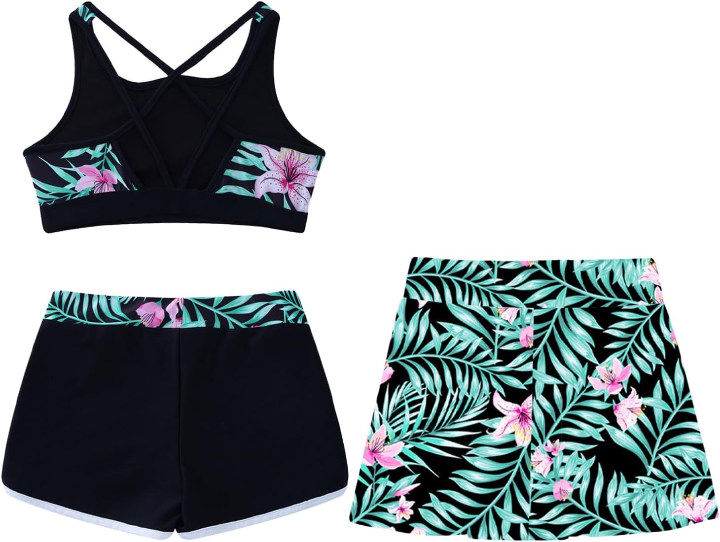 Flower Girls Rash Guard Swimsuit Floral Printed Tankini Set with Beachwear Cover Ups Bottoms