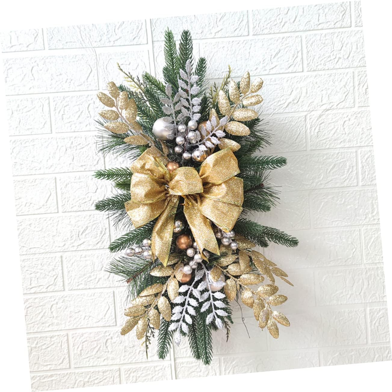 Xmas Teardrop Swag Wreath Bow Artificial Stairway Decoration for Holiday Home Decor Lifelike Greenery Ornament for Christmas Gatherings and Festive Parties