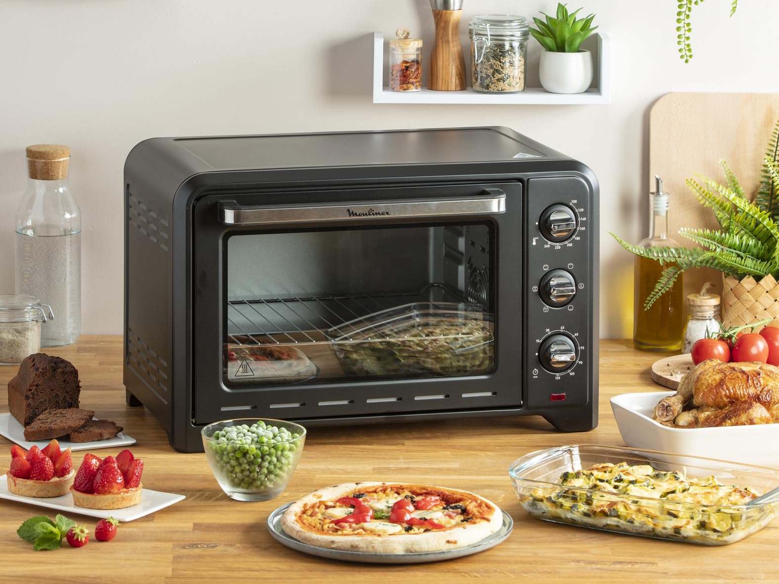 Moulinex Ox4648 Optimo Forno Elettrico Ventilato 33 Litri, Potenza 1600 W, Max 120°C, Forno per Pizza, Carne, Pesce, Dolci, Fornetto Elettrico, 6 Modalità di Cottura, Timer, 2 Accessori, Nero