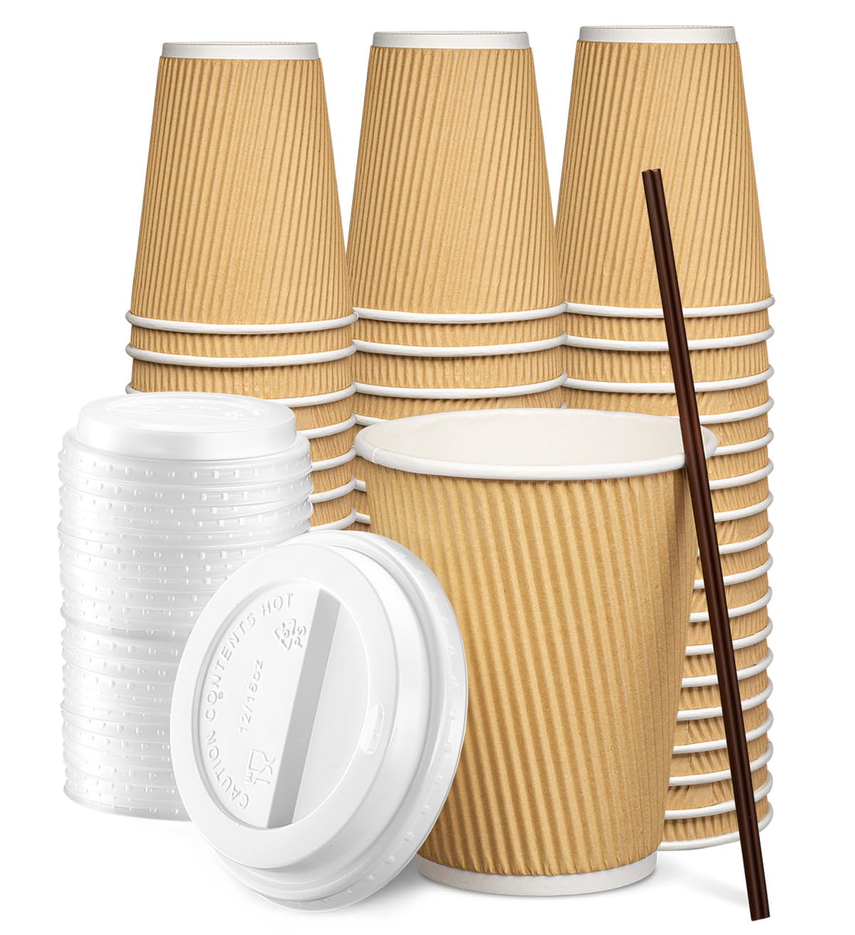 GUSTO [12 oz. - 100 Count Insulated Kraft Ripple Paper Hot Cups, Disposable Coffee Cups With Lids - Ideal for Hot Beverages, Travel, and Office Use (Formerly Comfy Package)