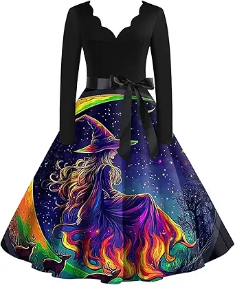OIOLOYJM Sexy Plus Size Halloween Costumes Woman 2025 Long Sleeve V Neck Printed Gothic Retro Formal Party Dresses for Women