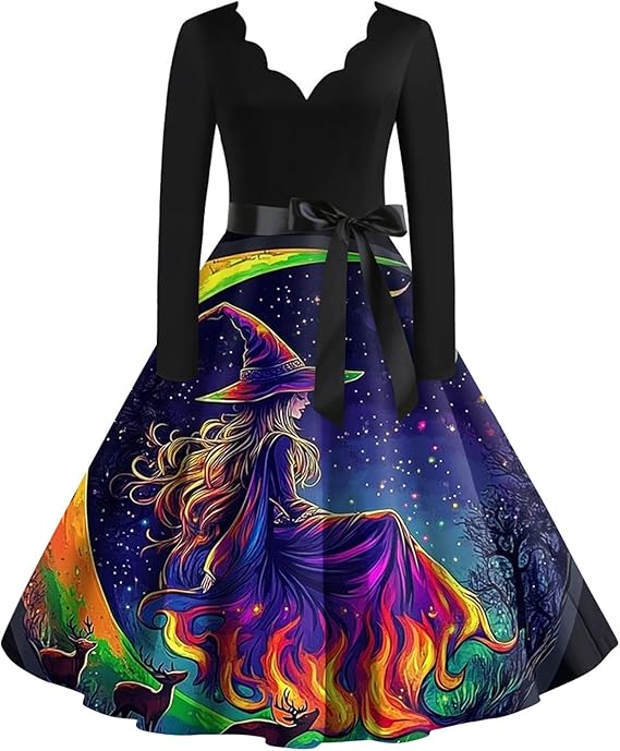 OIOLOYJM Sexy Plus Size Halloween Costumes Woman 2025 Long Sleeve V Neck Printed Gothic Retro Formal Party Dresses for Women