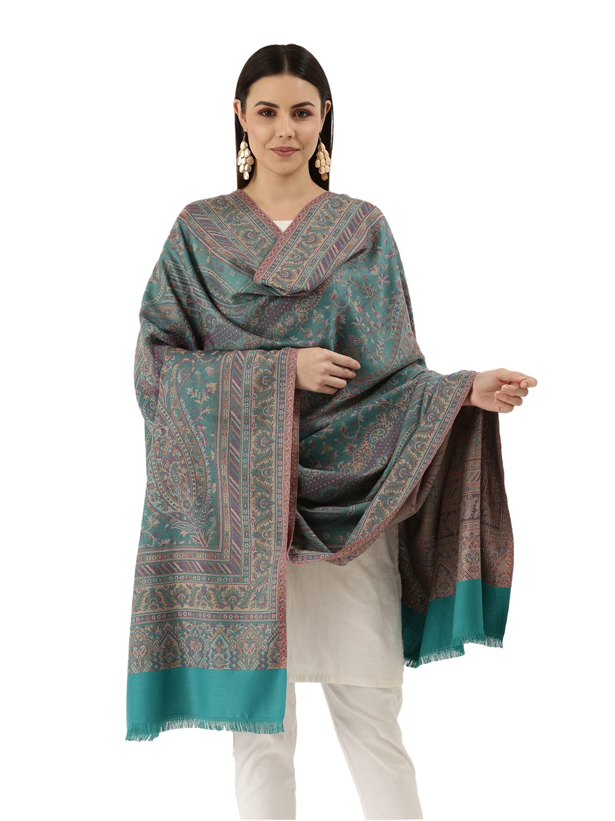Women Kashmiri Royal Paisley Design Jamawar Shawl, Jacquard Shawls (Size: 101 X 203 CM)