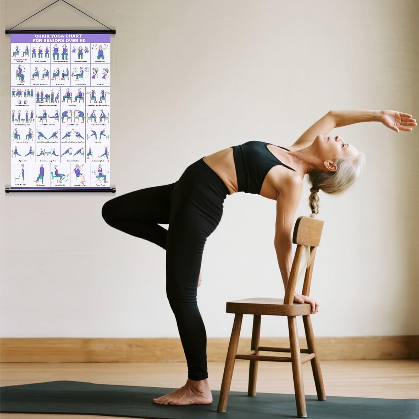 Affiche de yoga sur chaise pour seniors et débutants – tableau mural de yoga en tissu avec barres de suspension – affiche suspendue pour sport maison et mobilité douce, Guide d'activités d'étirement