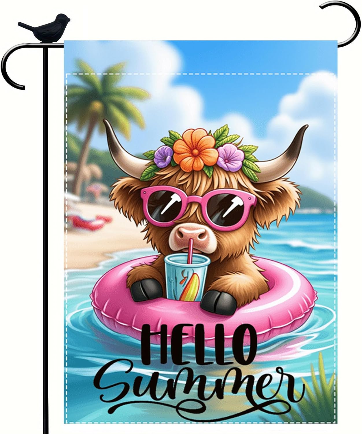 Hello Summer Highland Cow Garden Flag 12 x 18 inch Double Sided Outside Decorations,Beach Floral Cow Small Garden Flags For Outdoor Yard Lawn