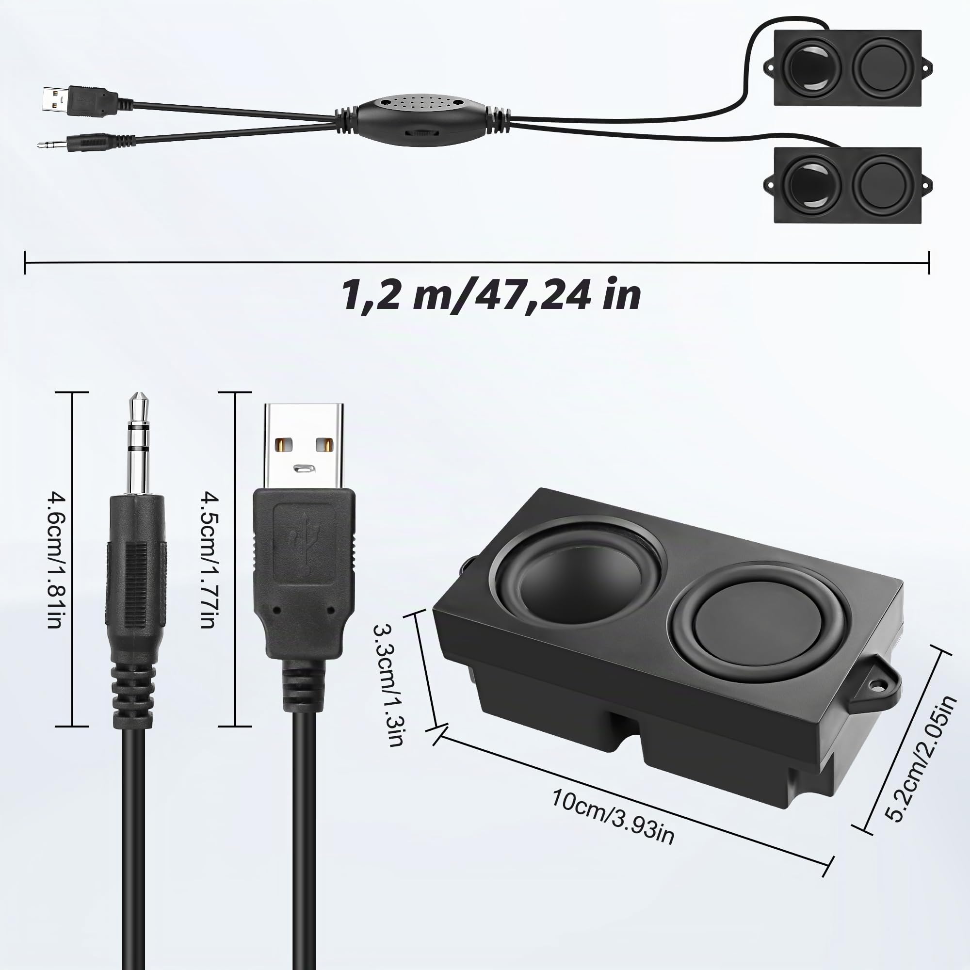 MEIRIYFA Haut-parleurs d'ordinateur USB pour PC portable, mini PC, entrée AUX 3,5 mm, contrôle du volume, stéréo HiFi, noir, 1,2 m