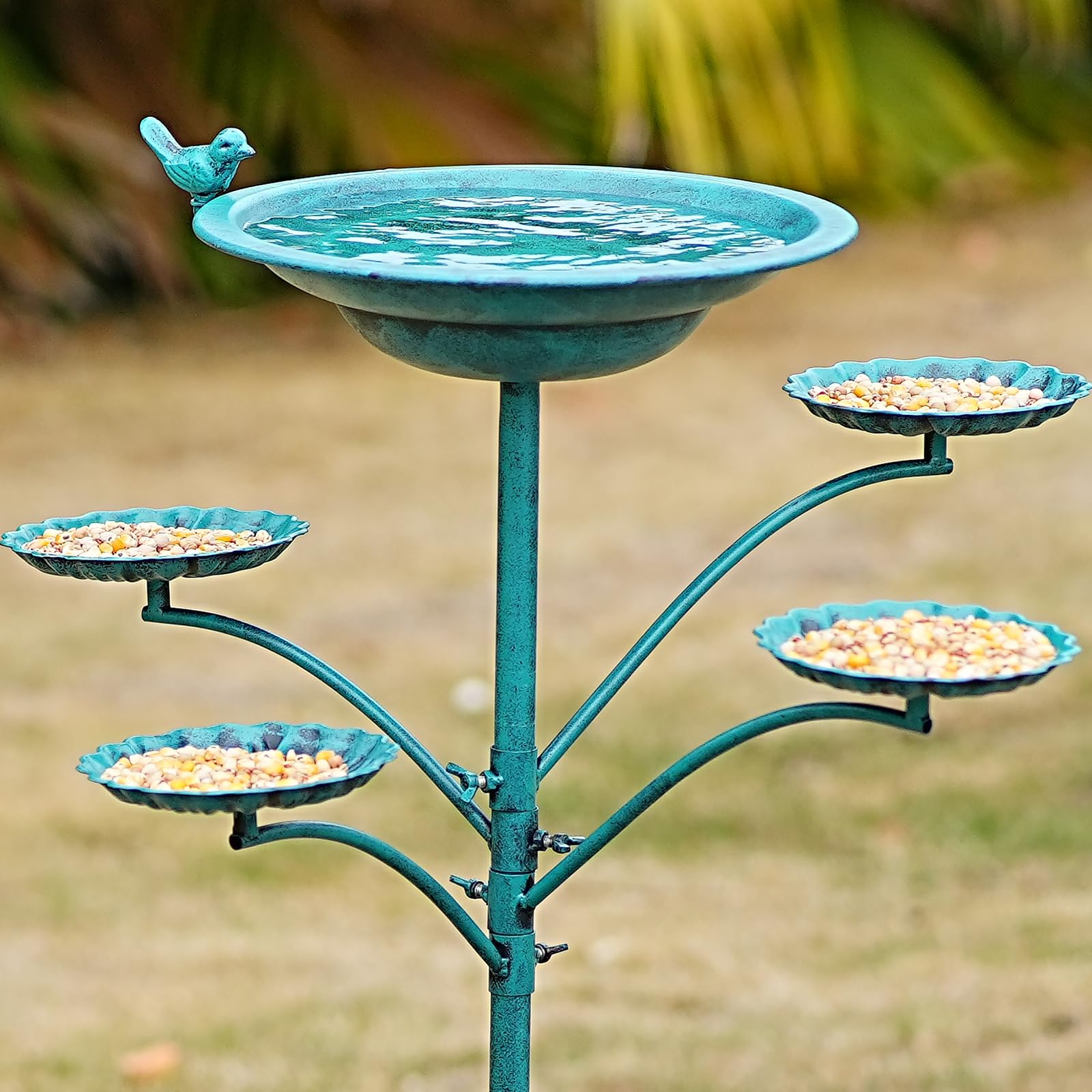 HOUYANG Vogeltränke aus Metall, 89,9 cm hoch, für draußen, stehender Vogelfutterspender | Gusseisen-Basis, Metall-Vogeltränke, Garten, Terrasse, Dekoration (grün)