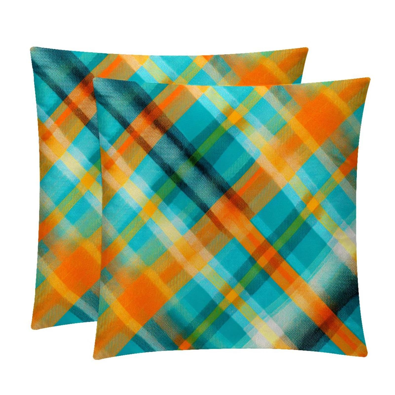 Amazon｜装飾枕カバー、クッションカバー,青とオレンジのチェック柄