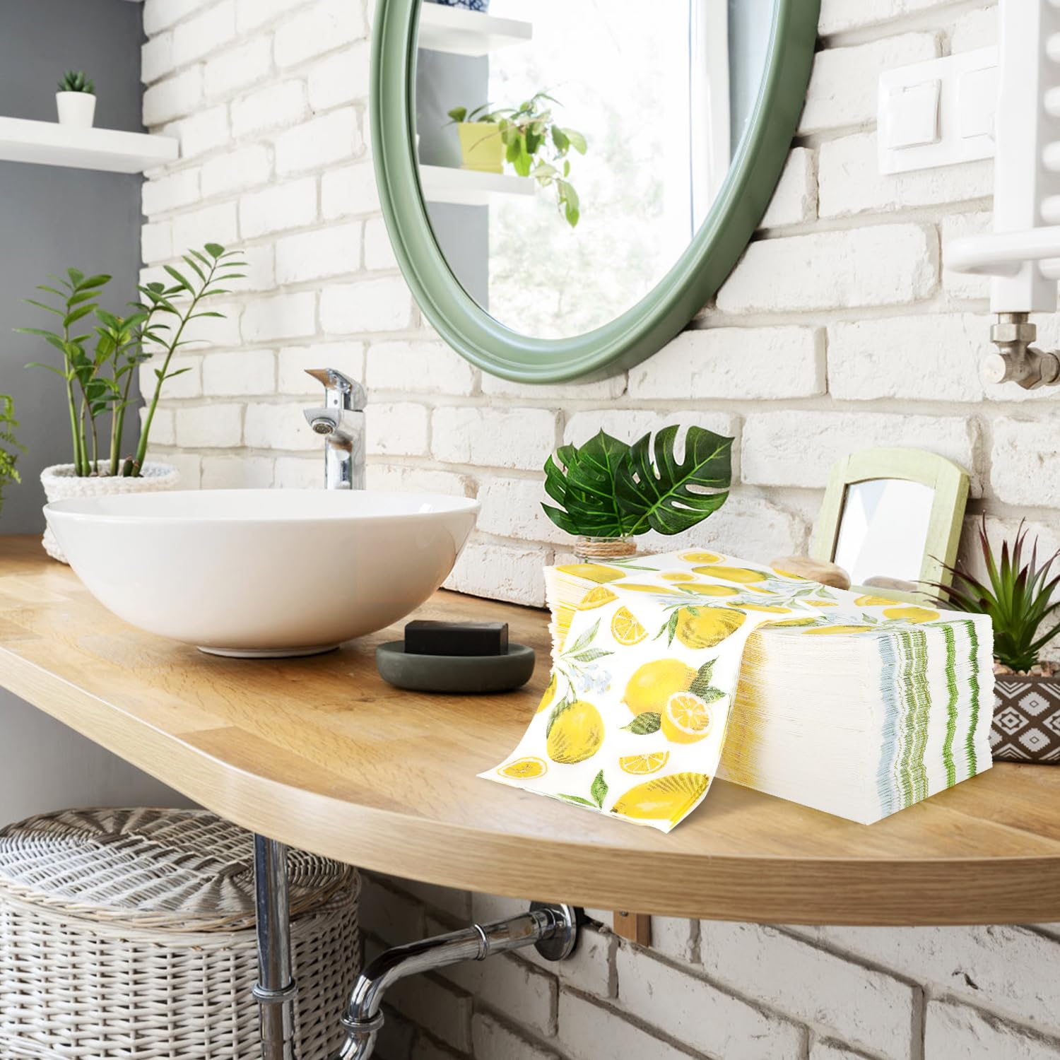 100 servilletas de papel desechables de acuarela y limón, toallas de mano, servilletas de cóctel de limón amarillo, 4.3 x 7.9 pulgadas, servilletas de fiesta suaves y absorbentes para invitados, baño,