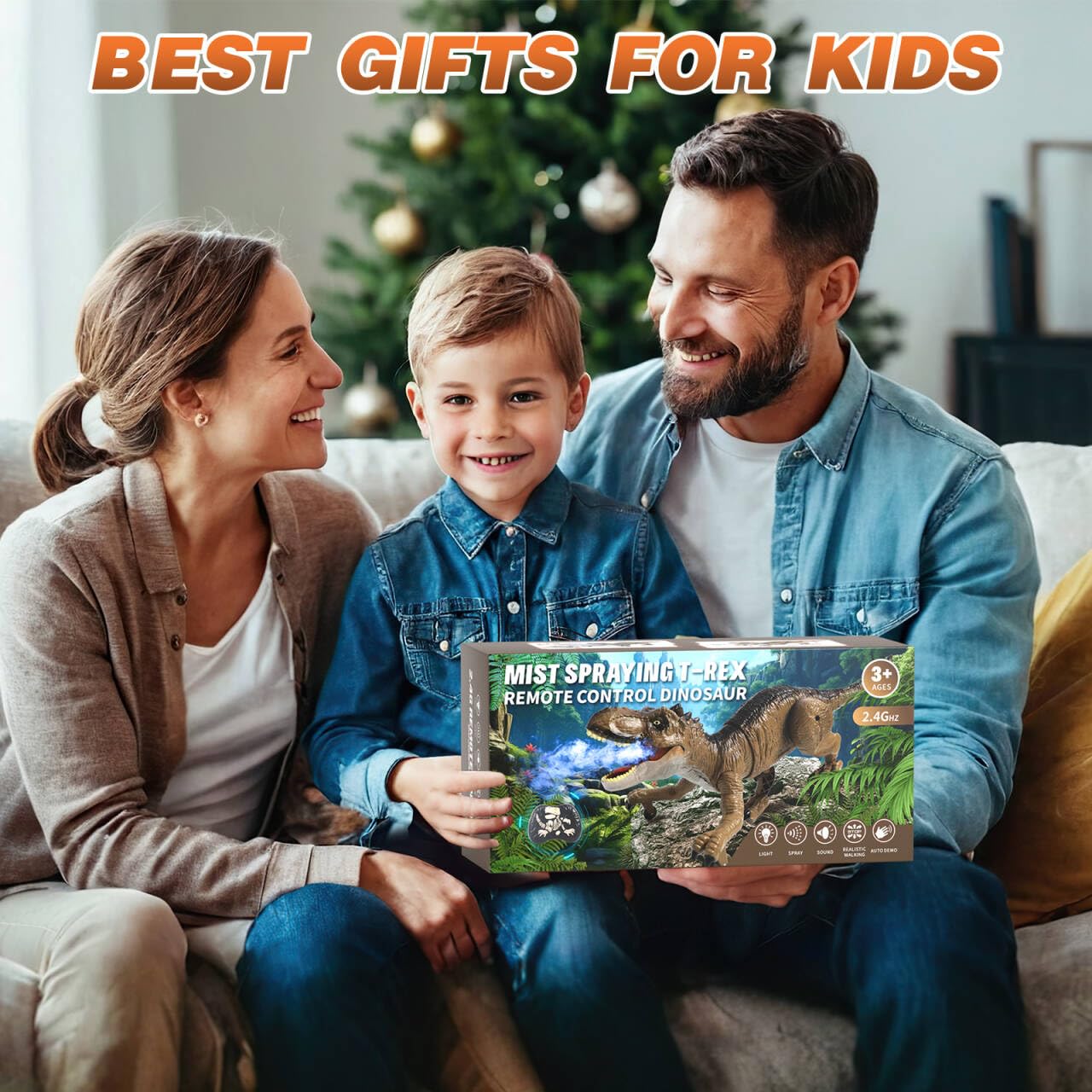 Sunrad Juguete de dinosaurio a control remoto para niños de 3, 4, 5, 6, 7, 8, 9, juguete recargable y realista T-Rex con luces, sonidos y aerosol, dinosaurio RC con demostración de una tecla, regalo