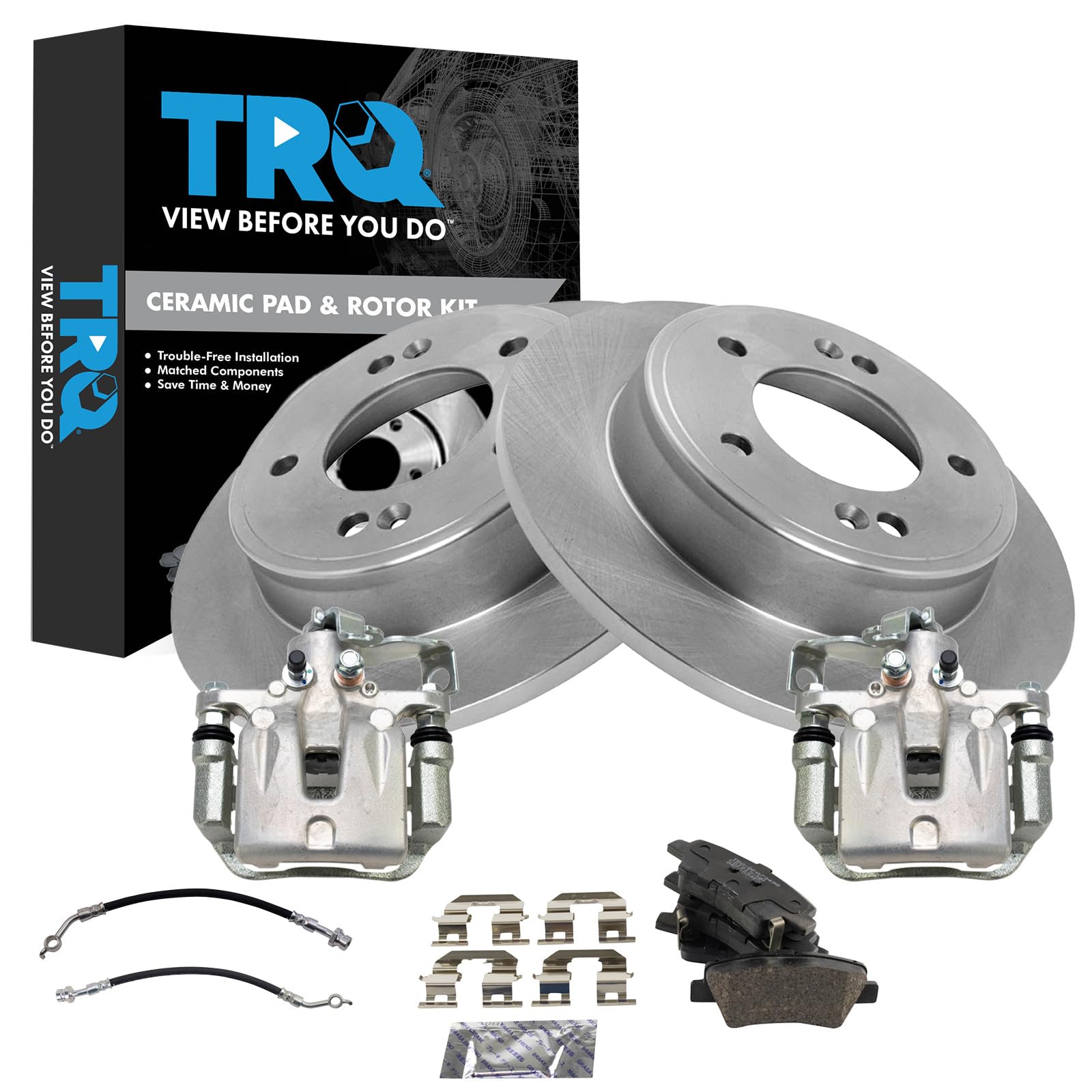 TRQ Rear Brake Pad and Rotor Set Ceramic Rotors Calipers Compatible with 2017-2018 Kia Forte Forte5