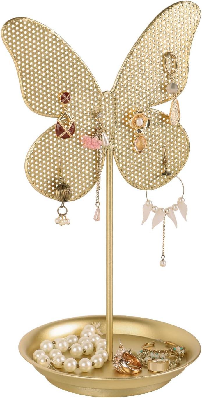 NIKKY HOME Butterfly Shape Earring Holder Hanging Organizer Stand Metal Jewelry Tree Table Top Ear Stud Holder Tower Rack with Ring Tray for Girls, Gold