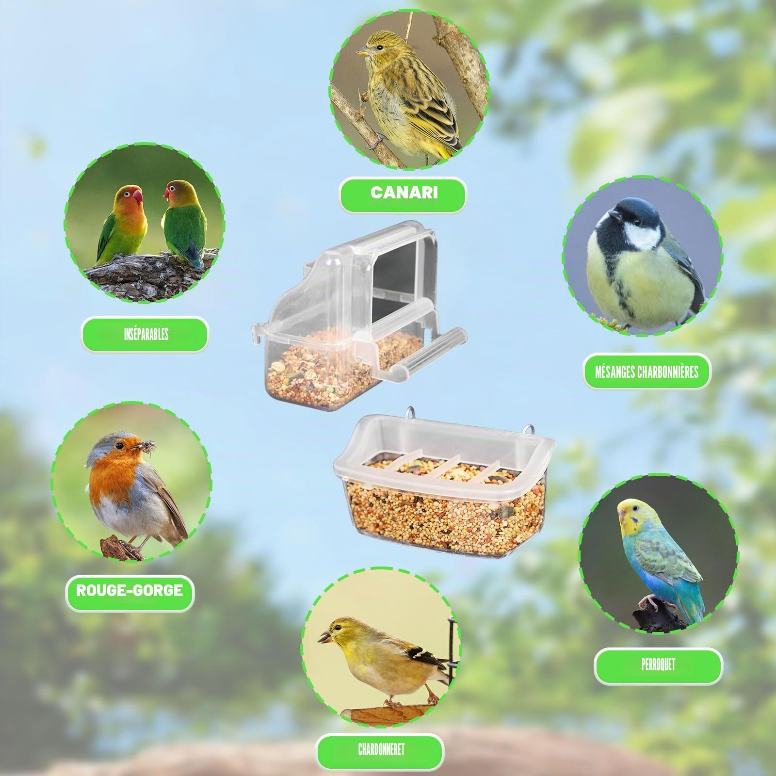 Lot de 2 mangeoires en plastique pour cage à oiseaux, mangeoires à suspendre pour perroquets, petits oiseaux, perroquets, calopsittes, pigeons, canaris (transparent)