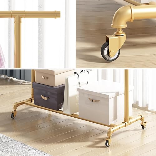 Miniatura 5 de FONECHIN Perchero industrial de tubería, perchero de metal resistente con ruedas, estante de ropa rodante con estante inferior para uso en boutique
