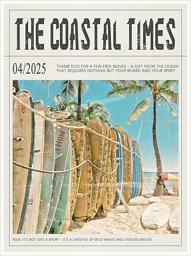 Arte de pared con estampado de surf de verano, vintage, The Coastal Times, playa, surf, pósteres de lona, decoración estética de habitación, amante