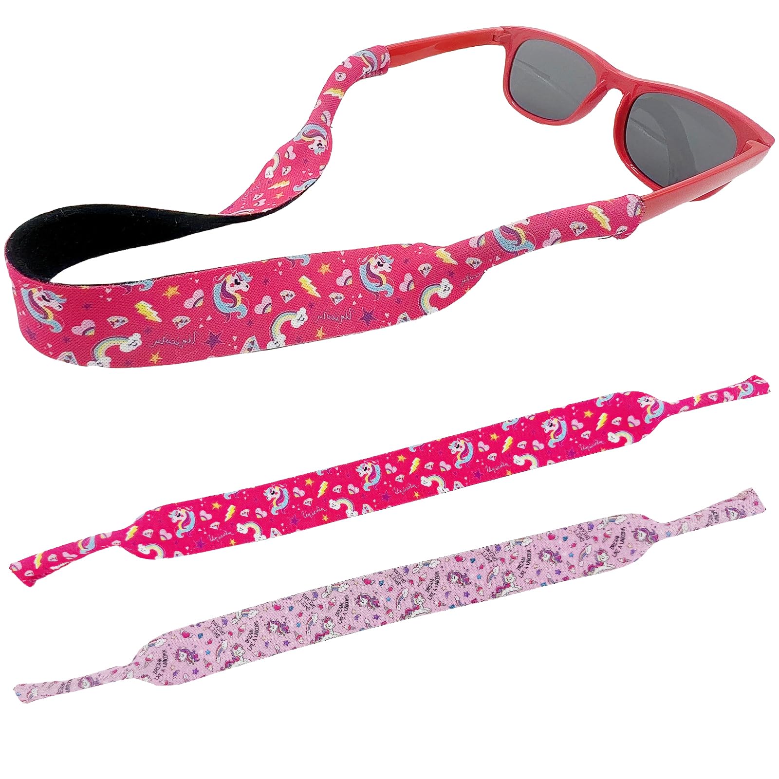 Diseño de retenedor de gafas para niños con material de neopreno flotante, correa ajustable sin cola para niños/niñas, paquete de 2