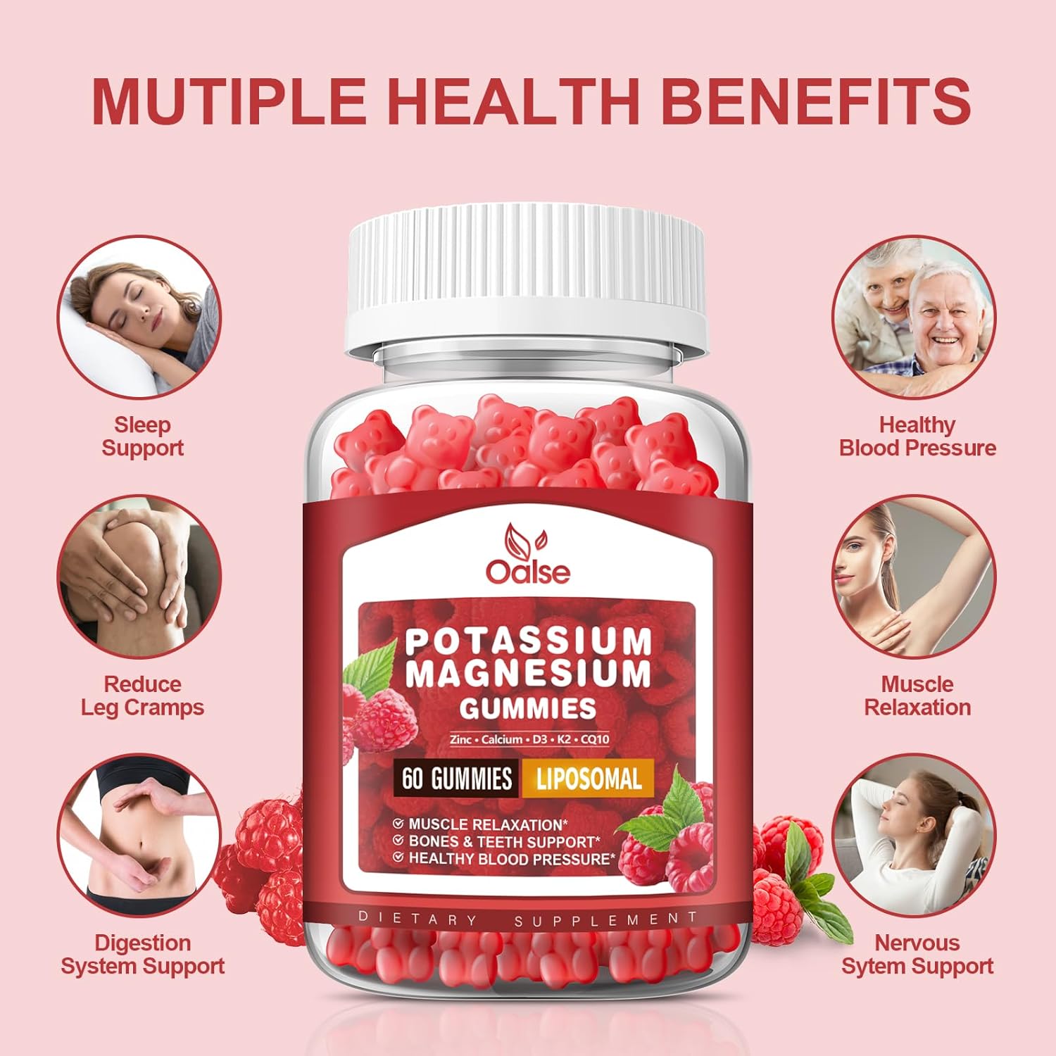(2 Pack) Potassium Magnesium Gummies for Adults Kids, High Absorption Potassium Citrate 200mg Magnesium Glycinate 400mg, Chewable Gummy Supplements for Leg Cramps & Muscle, Raspberry