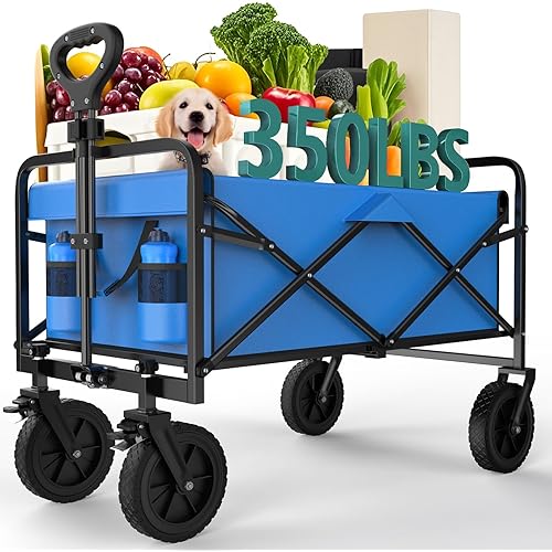 OLIXIS Heavy Duty Wagon Cart with Wheels Foldable,Large Collapsible Wagons Carts with All-Terrain Wheels,Smooth Maneuverability,Suitable for Gardening,Camping and Beach,Blue
