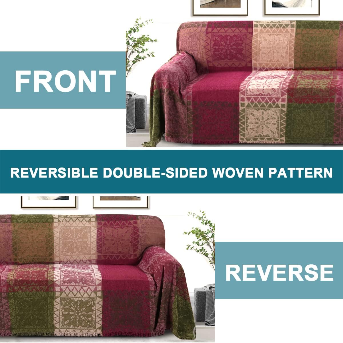 Turquoize Boho Couch Cover Bohemian Cotton Sofa Cover Sofa Throw Cover for Couches Sofa Slipcover Sectional Sofa Couch Covers Feature Hippie Chenille Jacquard Fabric (91"x 134",XX-Large, Green Red)