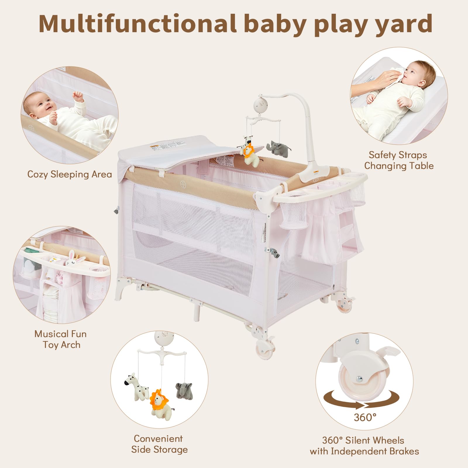5-in-1 Baby Beistellbett Mit Rollen Klappbar – Vielseitiges Babycenter Als Reisebett, Laufstall, Wickeltisch & Wiege – Inklusive Matratze, Tragetasche, Musikspiel Und Mobile – Bis 15 kg – Rosa