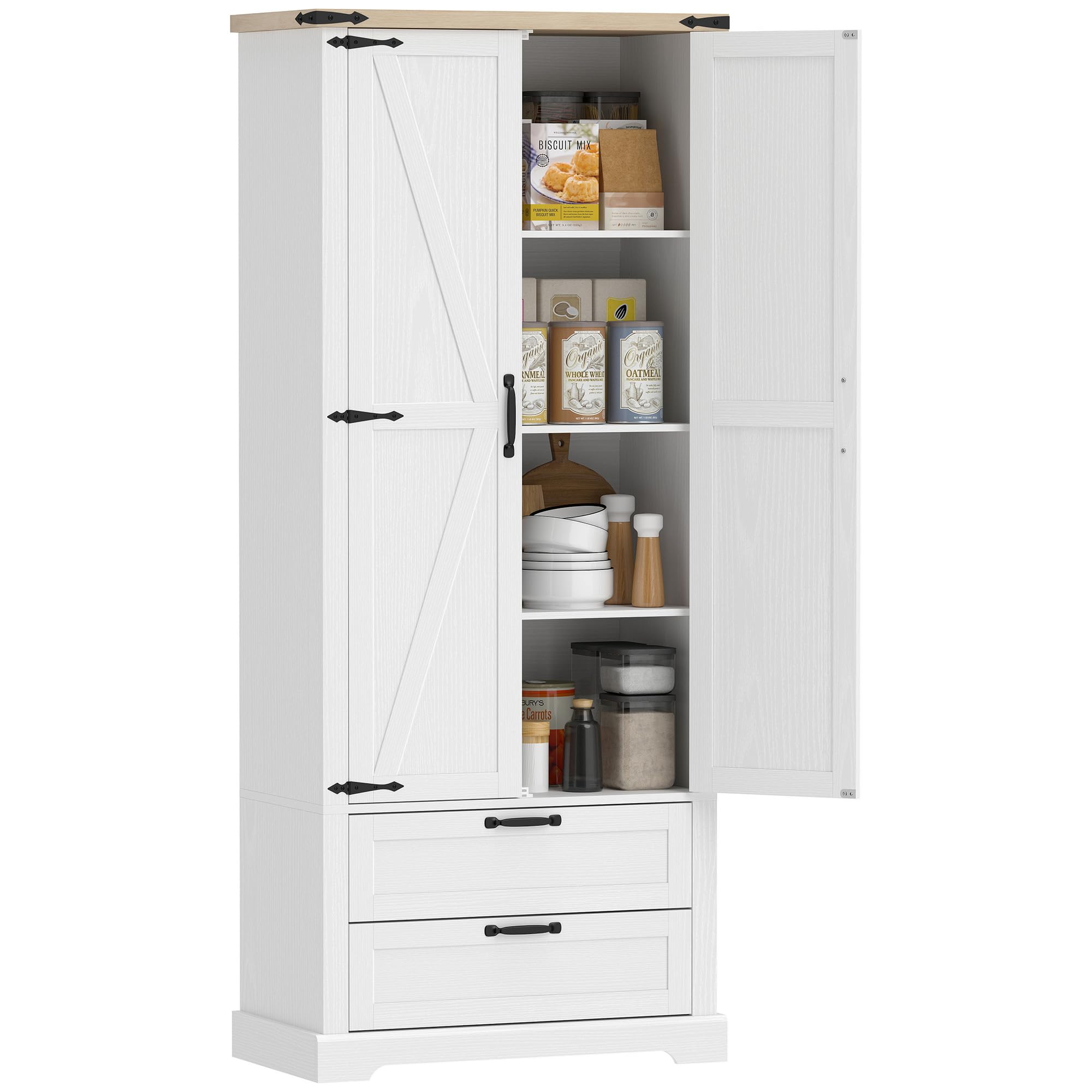 HOMCOM Buffet Haut Cuisine Vaisselier 2 Portes, 76 x 40 x 180 cm Blanc | Armoire de Rangement, 2 Tiroirs Silencieux, Étagères Réglables, Meuble de Rangement Rustique, Salon, Salle à Manger