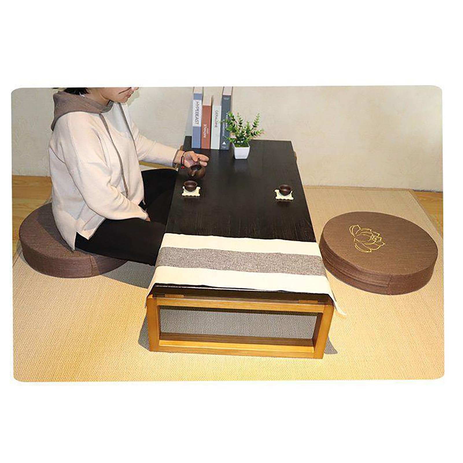 Qcwwy Cuscino di Meditazione, Cuscinetto a Pavimento Rotondo in Schiuma Dura in Schiuma da Pavimento in Lino Ripieno Sedute Comode di Seduta con Copertura Lavabile Rimovibile per (BROWN)