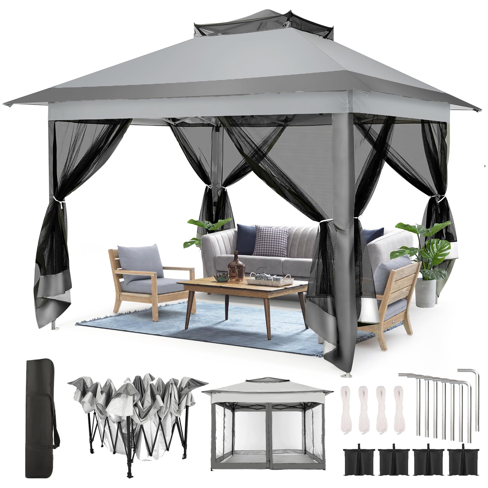 COBIZI 11x11 Pop Up GazebY Canopy Tent Easy Up Outdoor Gazebo Waterproof Portable with Mosquito Nettings, Double Vented Roof and Carry Bag for Patio Garden Lawn(Gray)