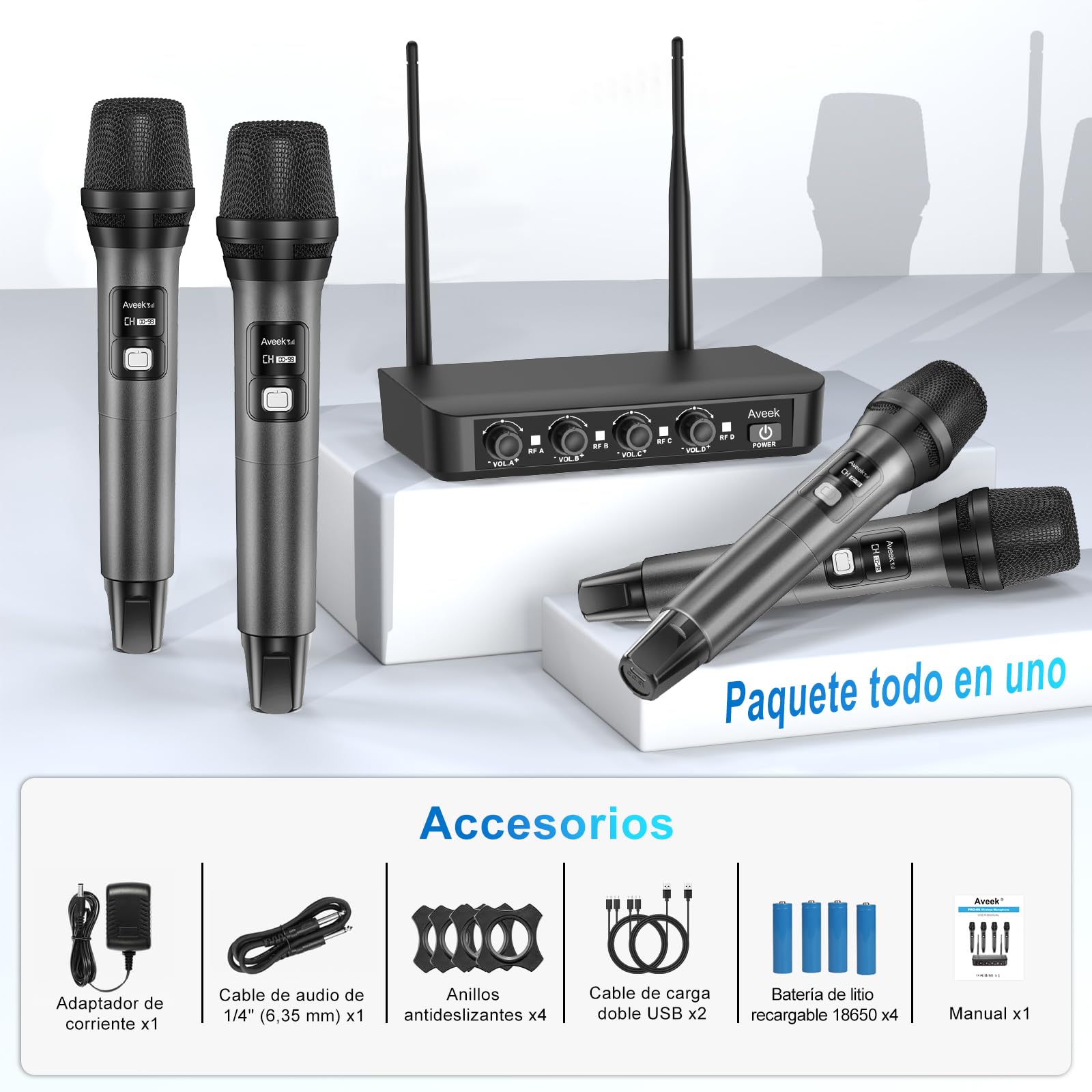 Aveek Sistema de Micrófono Inalámbrico con 4 Micrófonos de Mano Dinámicos, Alcance 80m, Batería 40 Horas, Sonido Estudio Baja Latencia para Karaoke, Canto, Discurso, Iglesia, Escenario, Boda, DJ