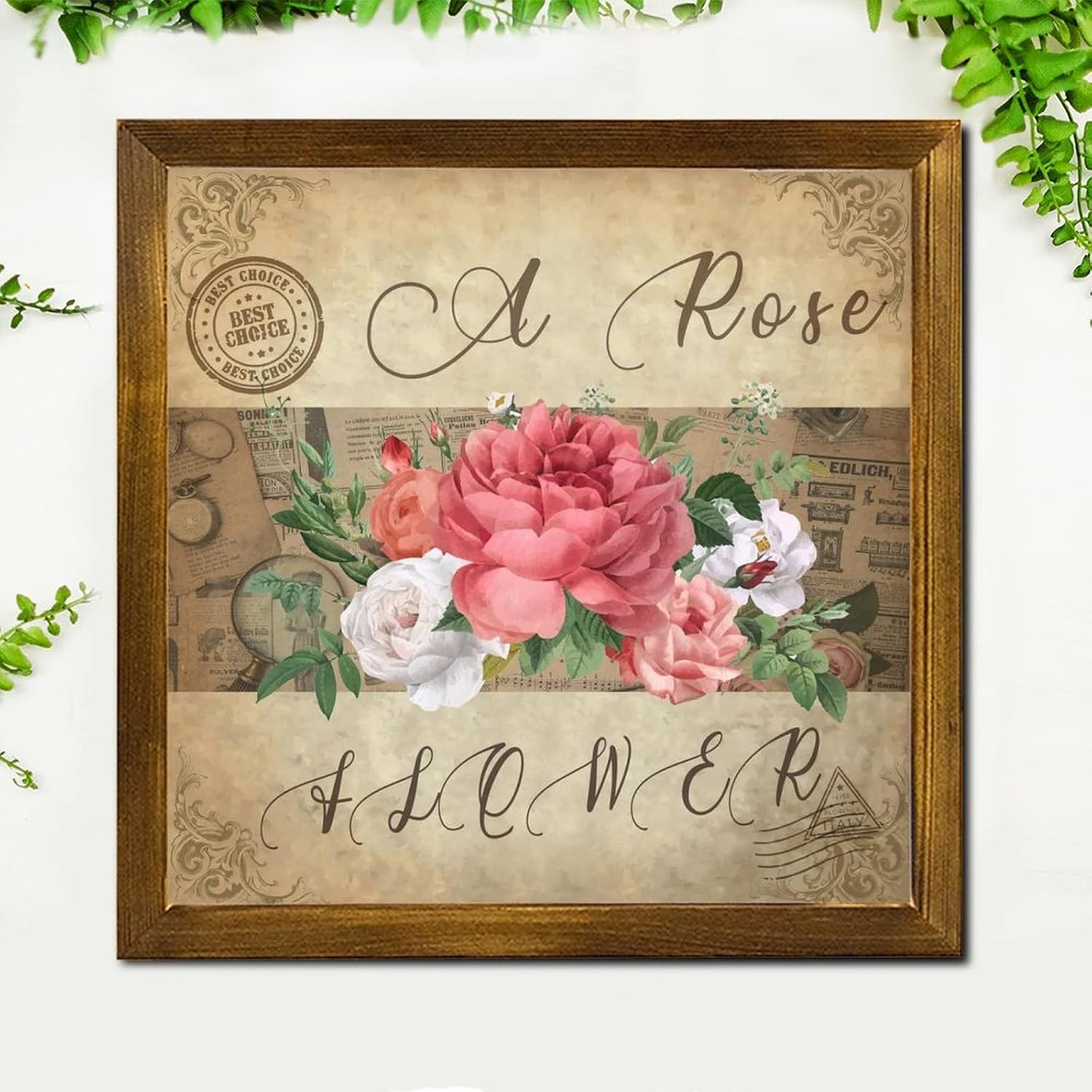 Vintage French Rose Flower Wood Framed Signs Retro Newspaper Music Note Wood Sign Plaque Retro Botanical Artwork Wood Home Wall Decoration for Home Front Door Entryway Porch 12x12 inch