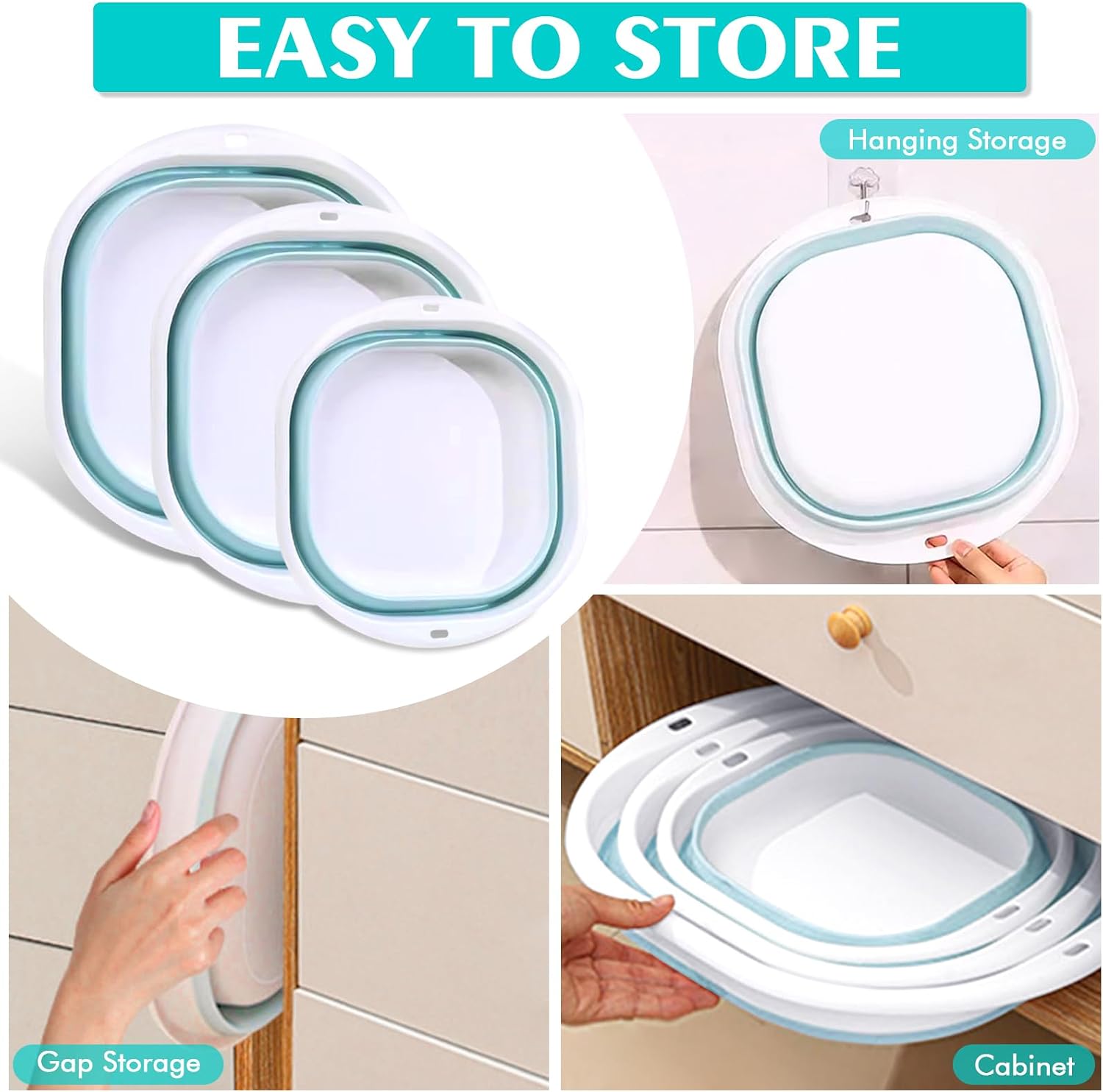 Collapsible Basin 3 Set Foldable Wash Basin Plastic Laundry Tub Space Saving Wash Tub for Dish, Fruit, Camping, Laundry, Hiking & Home (Blue)