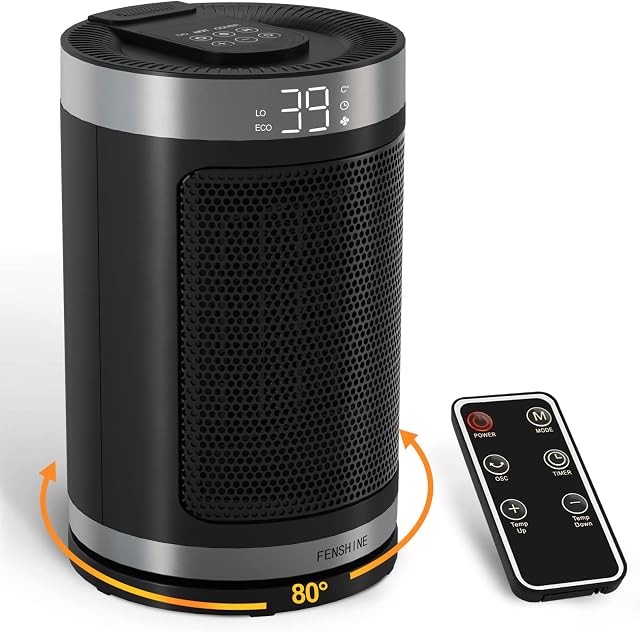 Electric Space Heater, 1500W PTC Ceramic Heater 80 Degree Oscillation, Fan Heaters with Thermostat for Home Low Energy, Remote Control, 1-12H Timer