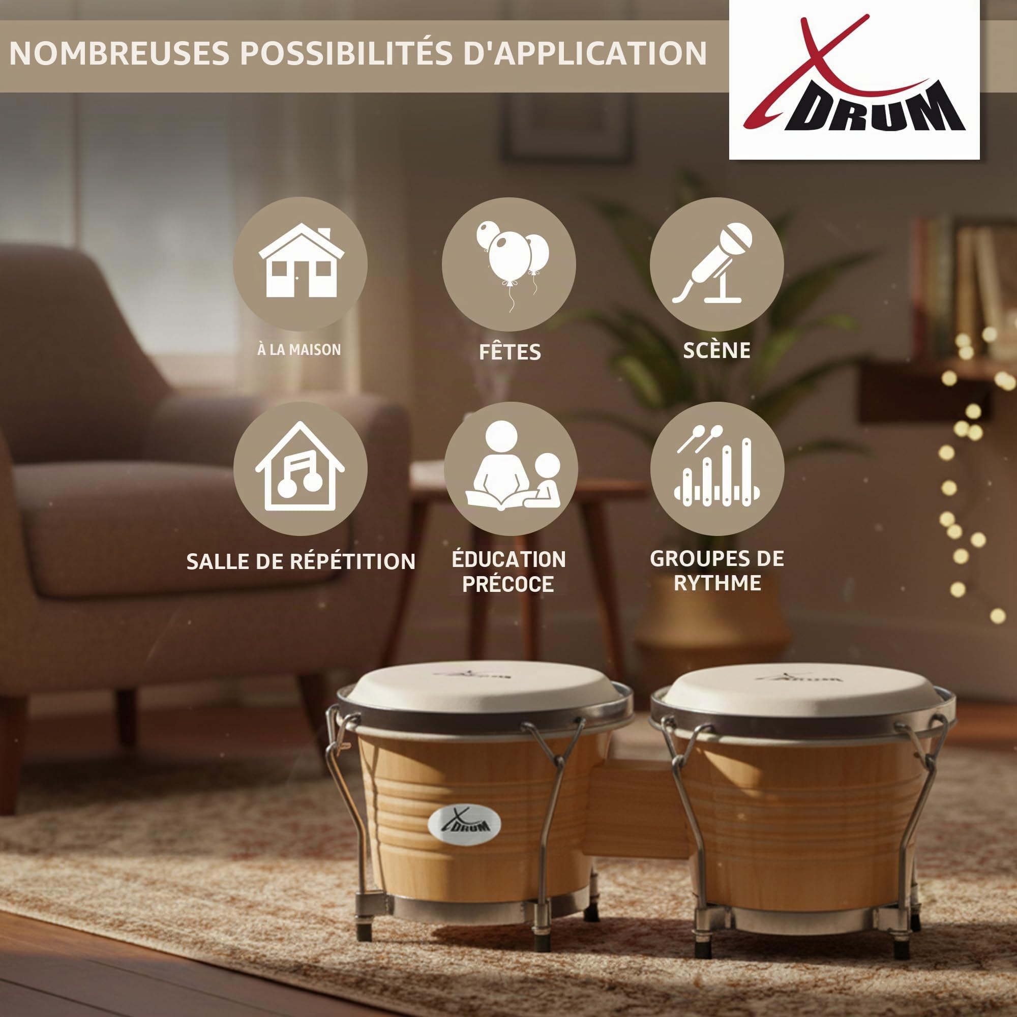 Set XDrum Bongos Pro Natur avec Support Inclus, Tailles des bongos: 6 | 2 tambours (« macho » et « hembra »), 5" (17 cm) et 7, 5" (20 cm), Peaux naturelles, Bois: bouleau, Quincaillerie chromée