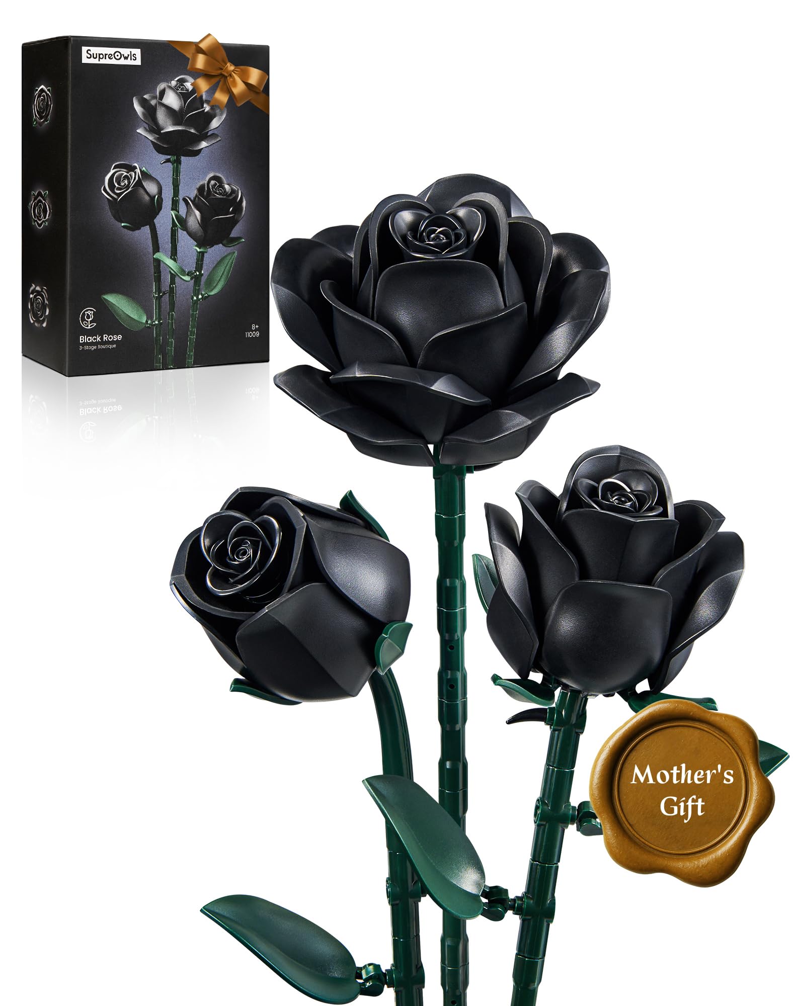 Millionspring Schwarzer Rosenstrauß-Bausatz mit 3 schwarzen künstlichen Rosen, Geschenke für Ihn Sie zum Valentinstag, Geburtstag, Jahrestag, Halloween, Muttertag, Weihnachten