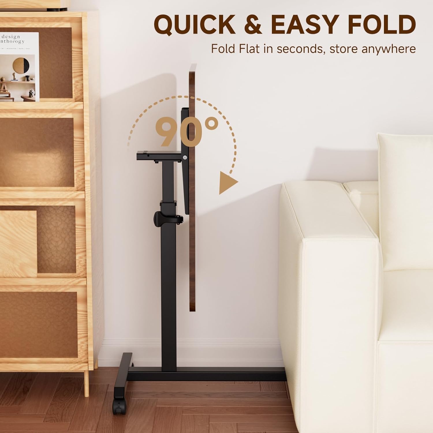 COMHOMA Adjustable Overbed Bedside Table with Lockable Wheels, Foldable Mobile Rolling Laptop Desk, Height Adjustable Standing Desk Bed Table for Hospital and Home Use, Walnut