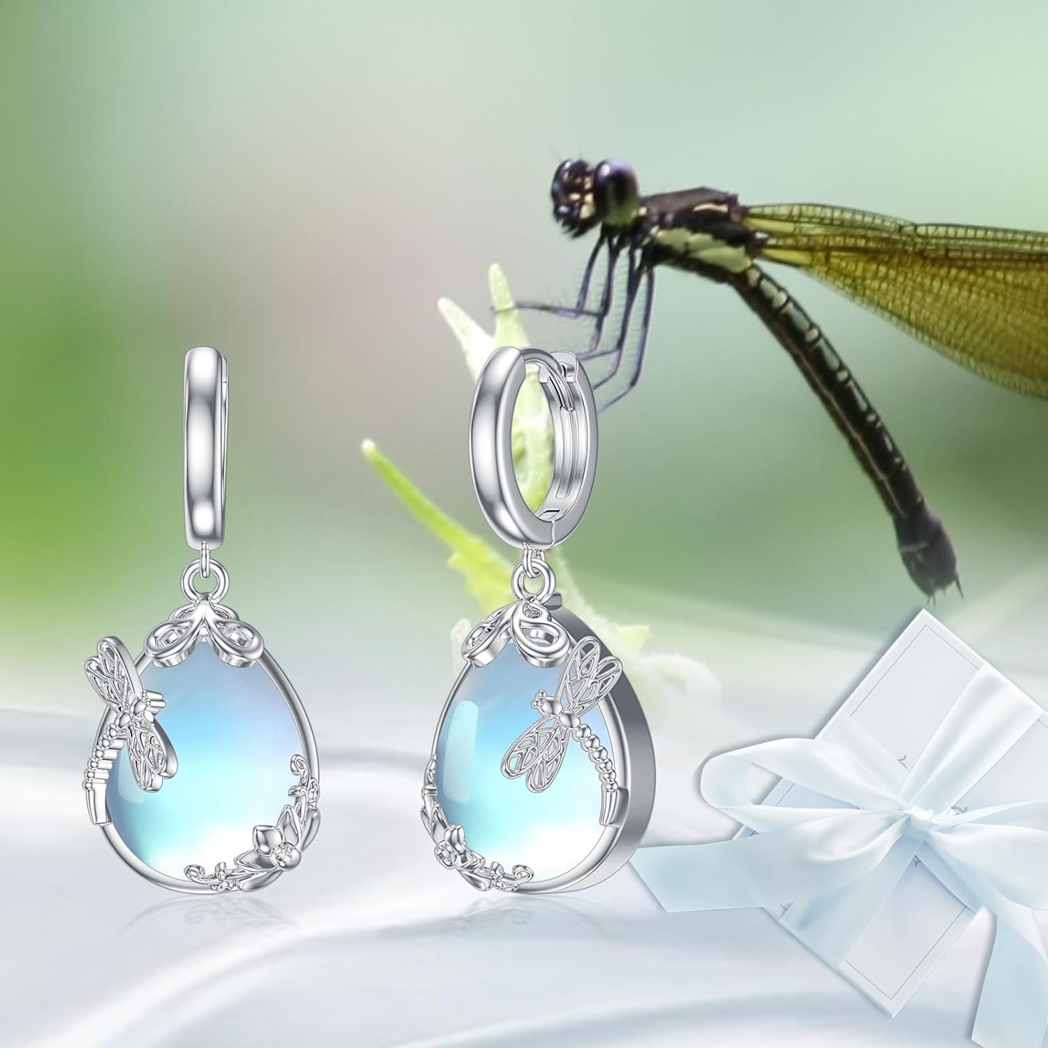 Moonstone Hummingbird/Dragonfly Earrings Teardrop Dangle Huggies Earrings 925 Sterling Silver Hoop Earrings Jewelry for Women Girls - Image 6