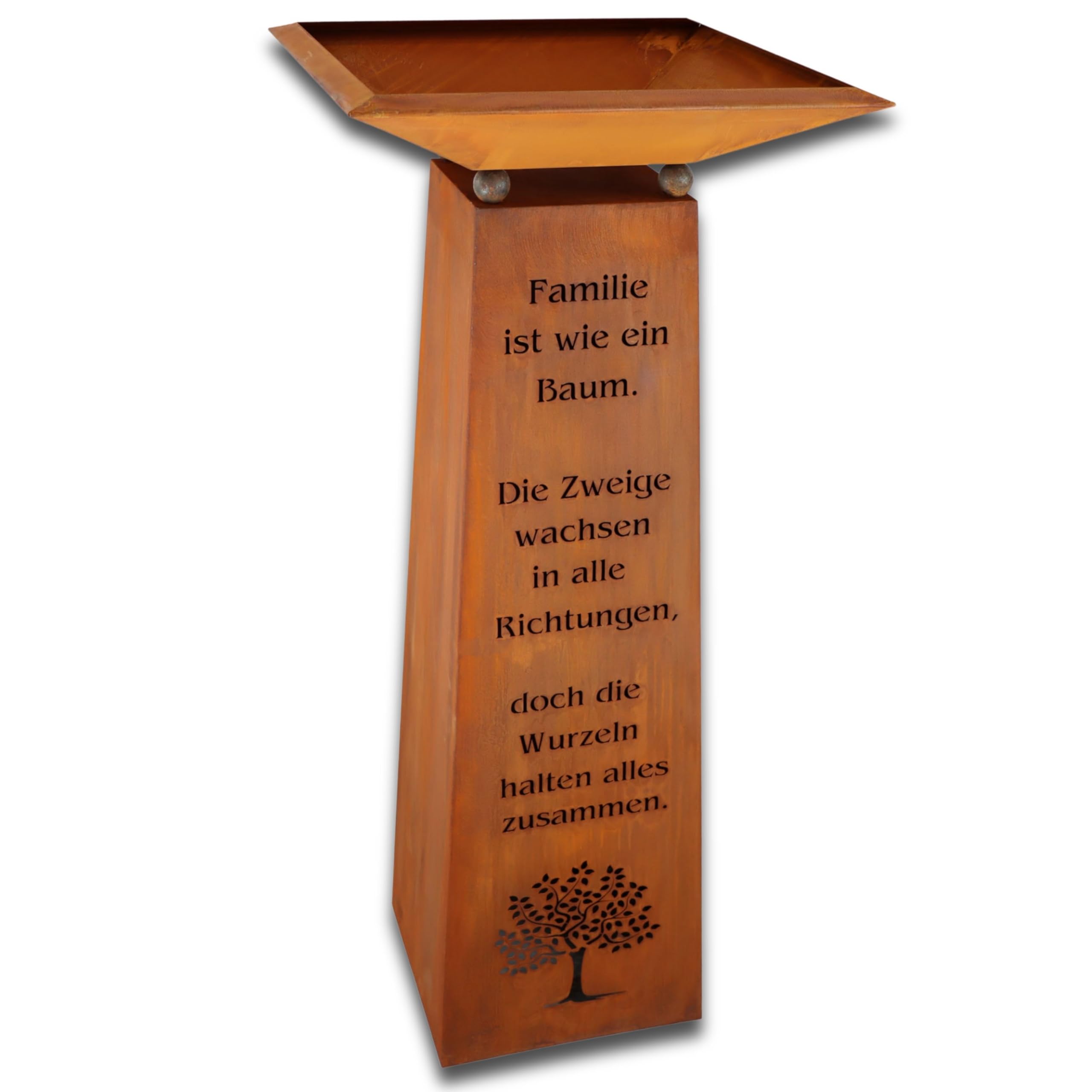 Rostikal Edelrost Gartendeko Säule 1,15 m Familien Spruch mit Dekoschale Rost Wohndeko (Schale 50 x 50 cm)