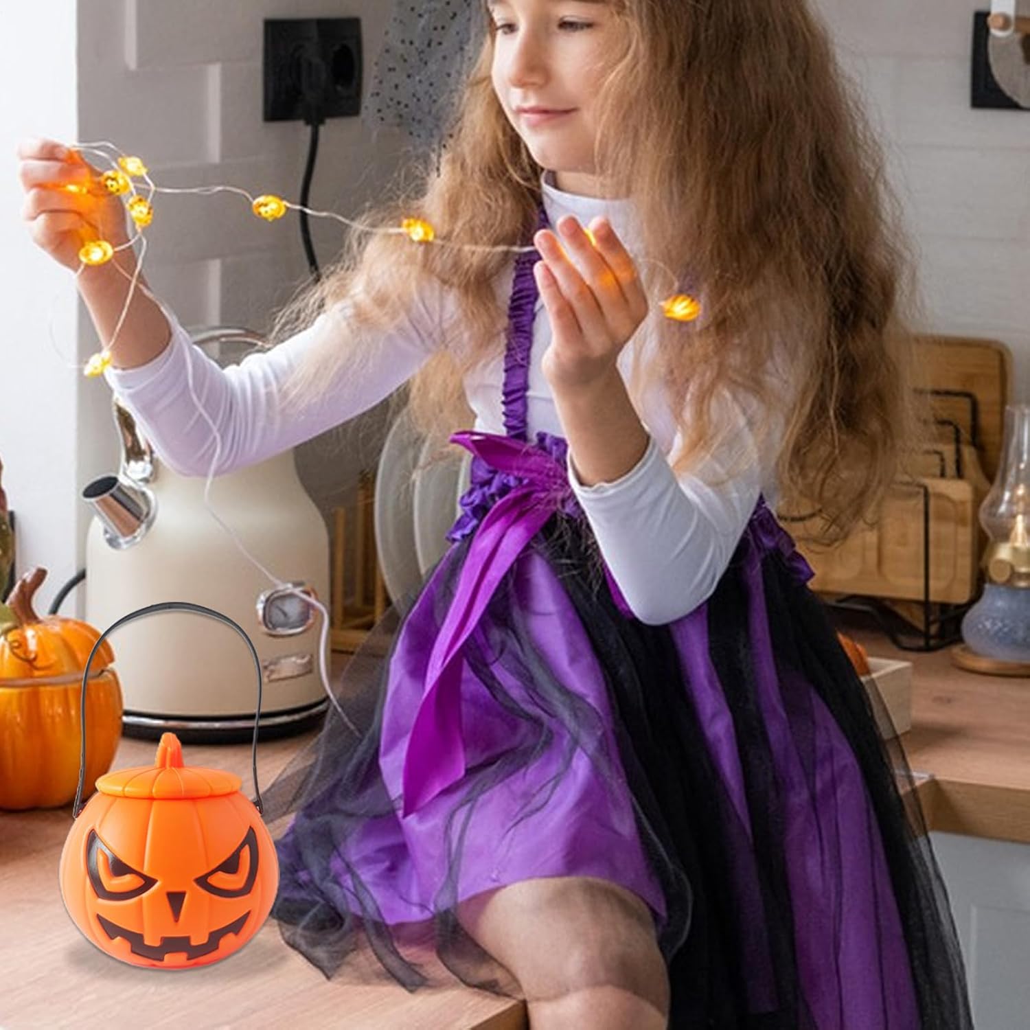 Pumpkin Trick Or Treat Buckets Orange, Novelty, Lidded, Portable image 2